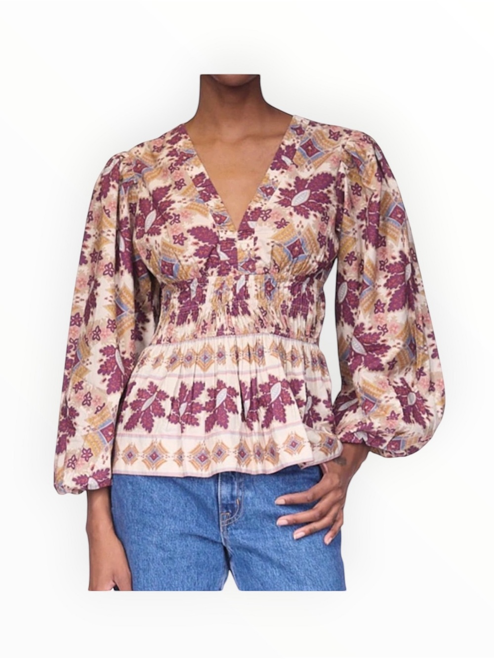 Cara Cara Emmery Mauve Floral V-Neck Smocked Peplum Blouse